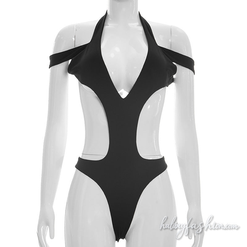 Hollow out v neck halter button solid bodysuit