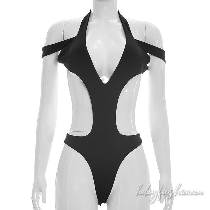Hollow out v neck halter button solid bodysuit