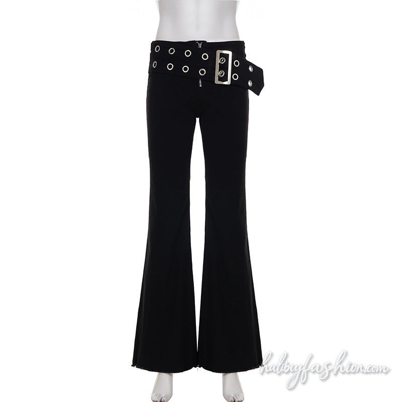 Zip-up buckle irregular low rise wide leg pant