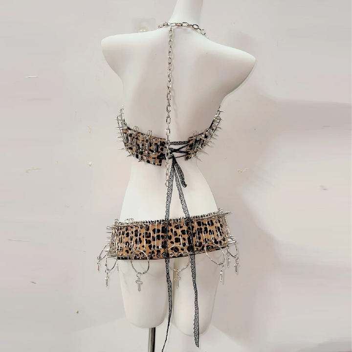 Leopard print o ring halter rivet mini skirt set  | Festival Outfits Women  | Leopard Print Mini Dress