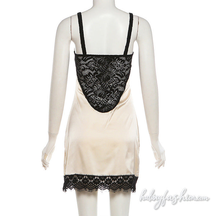 Square neck lace hem irregular slit cami mini dress - Halibuy - 4