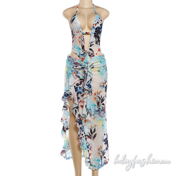 Halter self tie hollow out ruffle slit irregular midi skirt set
