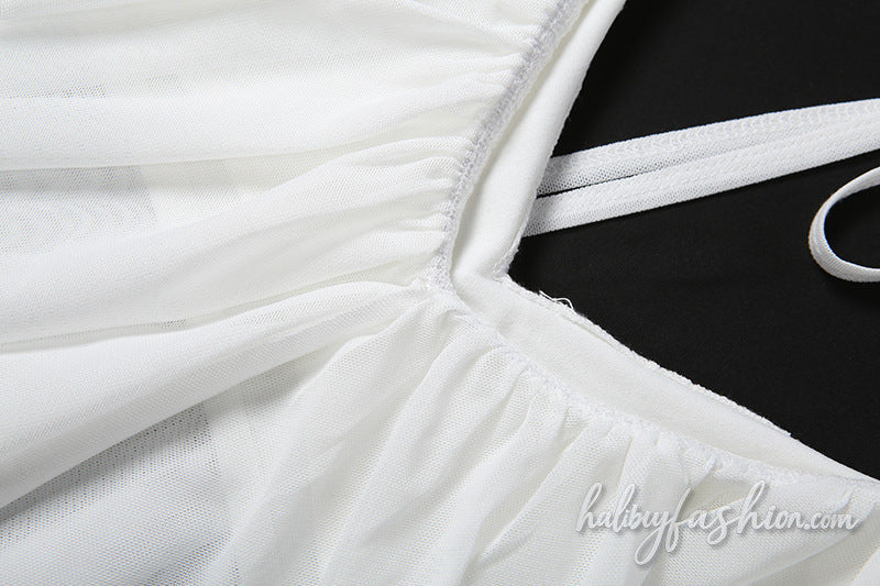 Ruched v neck mesh self tie solid top