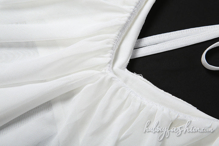 Ruched v neck mesh self tie solid top