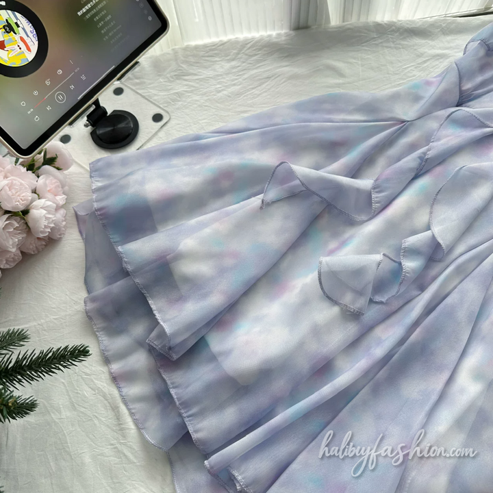 Ruffle flower applique long sleeve 2 piece cami mini dress - Halibuy - 5