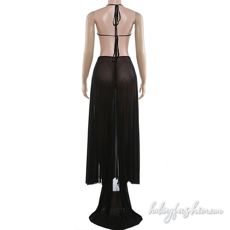Self tie halter u neck hollow out mesh maxi dress