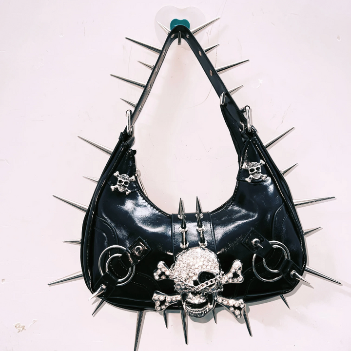 Skull applique PU leather rivet handbag  | Festival Outfits Women