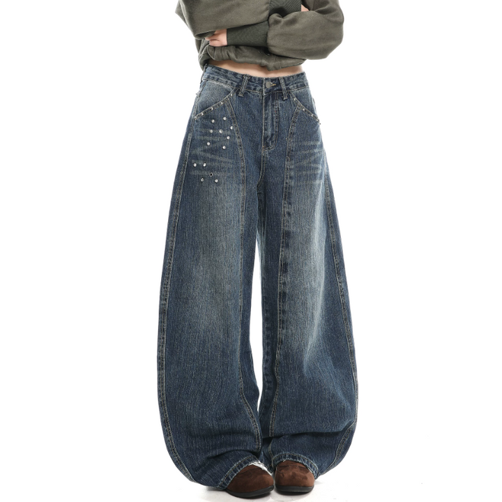 Rivet applique irregular pocket wide leg | Baggy Low Rise Jeans