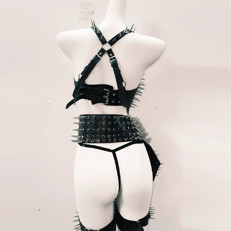 PU leather rivet skull applique cross back short pant set  | Festival Outfits Women