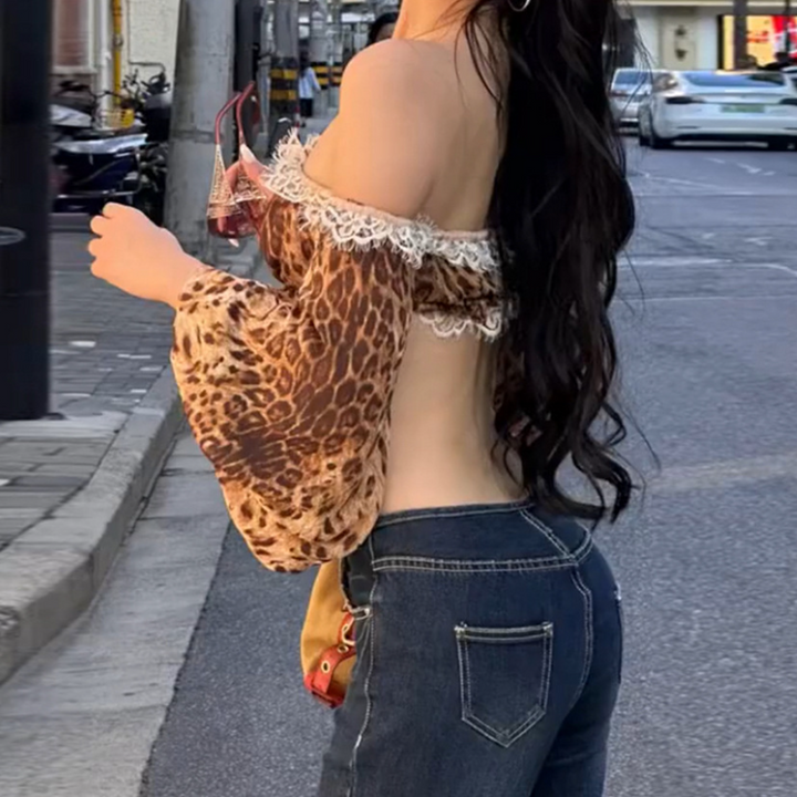 Leopard print long sleeve off shoulder lace hem top  | Festival Outfits Women  | Cheetah Print Top-final-sale