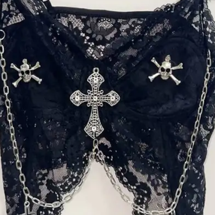 Lace metal chain cross applique v neck cami top  | Festival Outfits Women