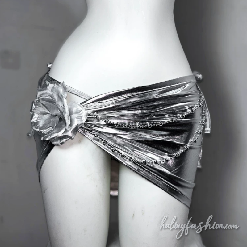 Metallic flower applique metal chain halter self tie top