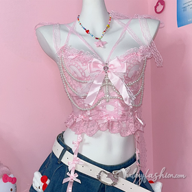 Bowknot beaded lace self tie cami top