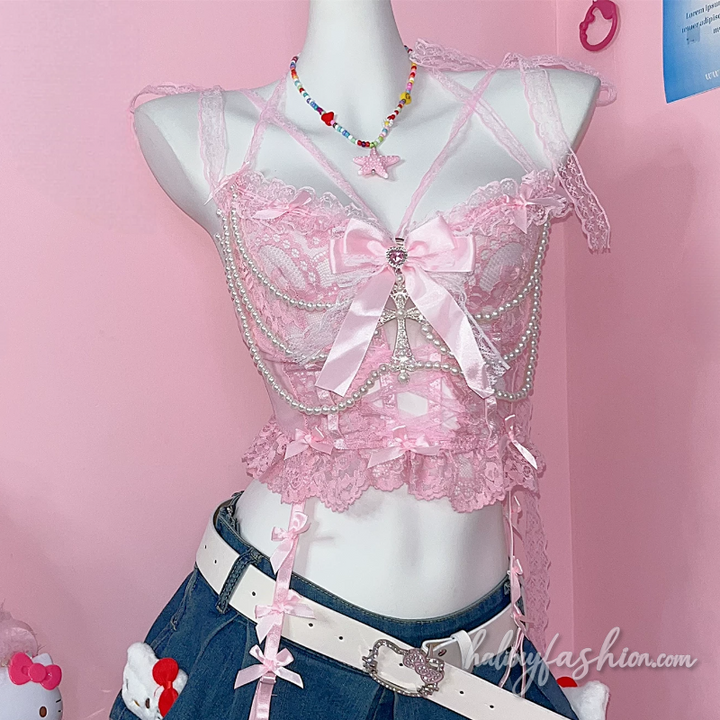 Bowknot beaded lace self tie cami top