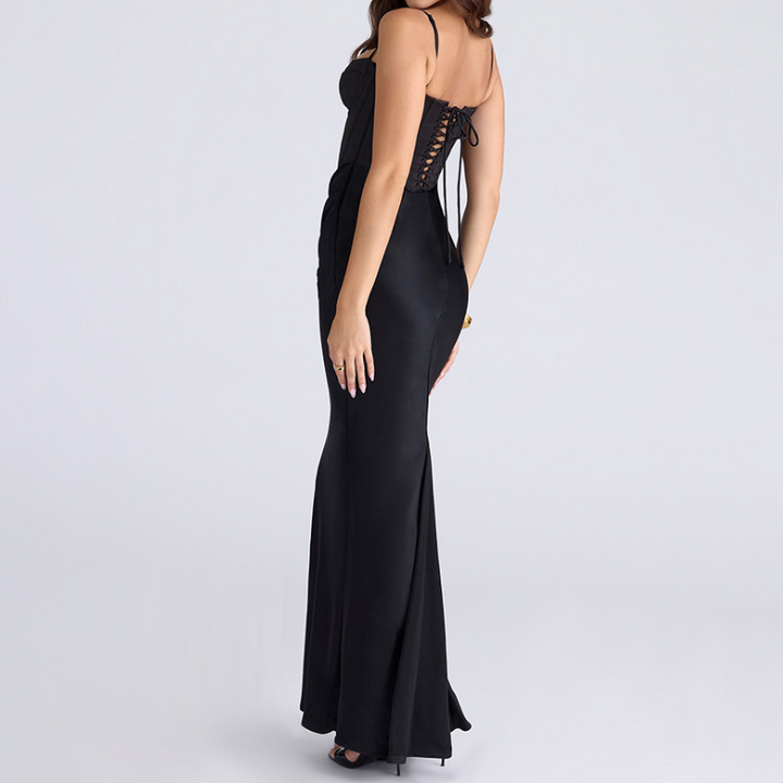 Ruched lace up backless solid cami maxi dress  | Festival Outfits Women