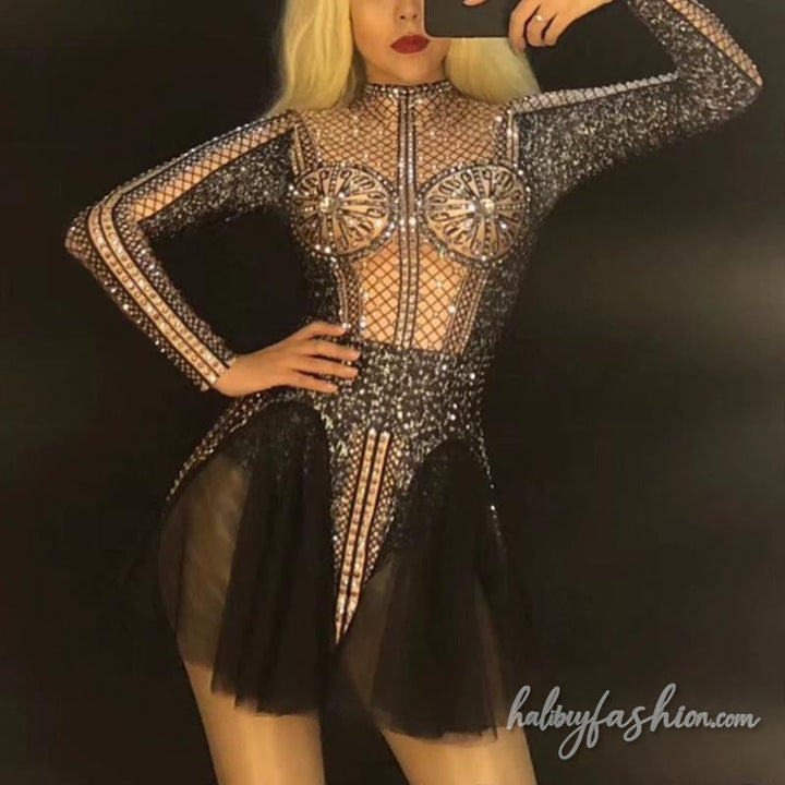 Long sleeve high neck mesh mini dress