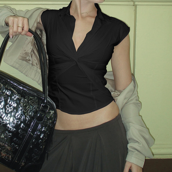 Turnover collar cap sleeve v neck top  | Festival Outfits Women
