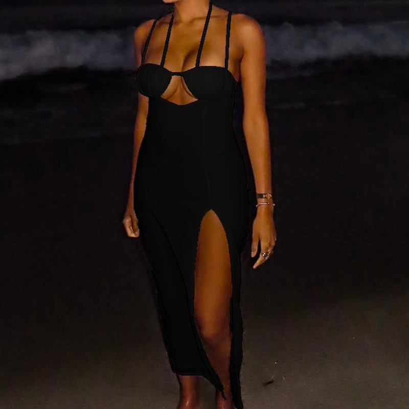 Hollow out slit mesh cami cut out maxi dress  | Festival Outfits Women