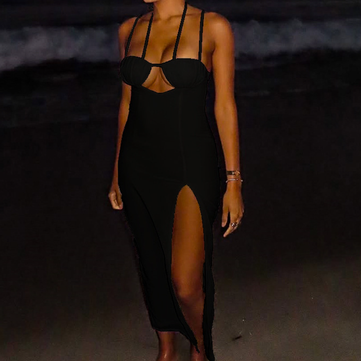 Hollow out slit mesh cami cut out maxi dress  | Festival Outfits Women