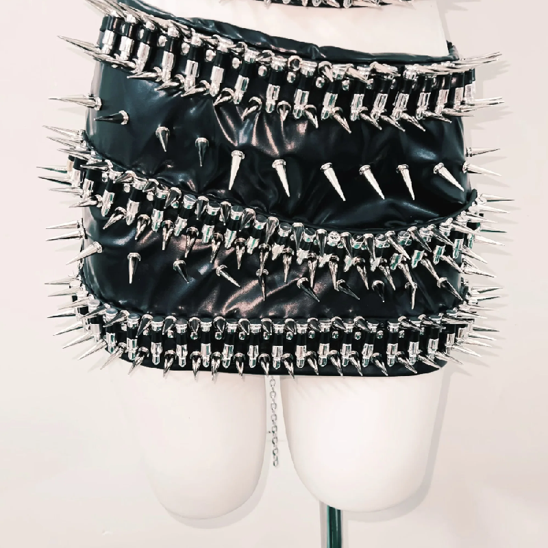 O ring rivet PU leather metal chain belt top  | Festival Outfits Women-final-sale