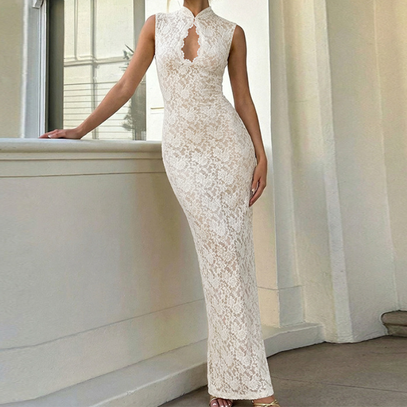 Lace hollow out slit sleeveless zip-up maxi dress