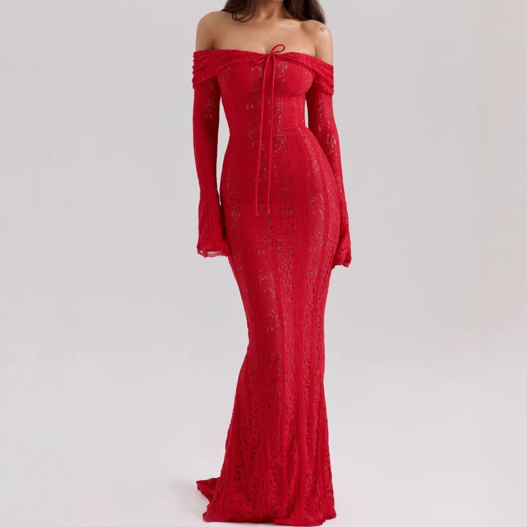 Long flared sleeve off shoulder lace self tie maxi dress  | Festival Outfits Women