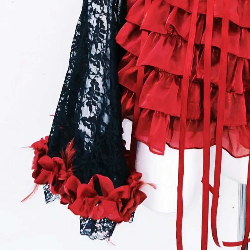 Long flared sleeve flower applique ruffle lace mini dress  | Festival Outfits Women