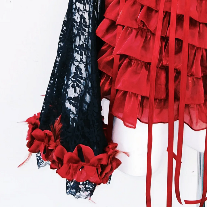 Long flared sleeve flower applique ruffle lace mini dress  | Festival Outfits Women