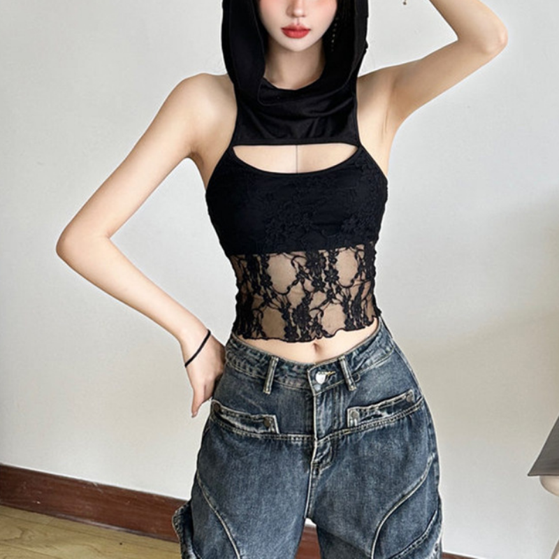 Hoodie lace hollow out off shoulder 2-way cut out top  | Festival Outfits Women