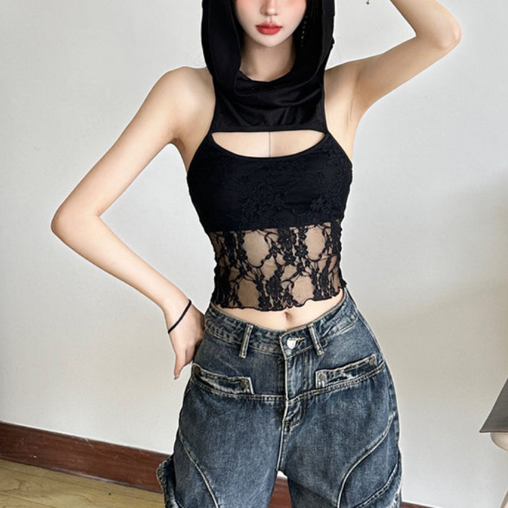 Hoodie lace hollow out off shoulder 2-way cut out top  | Festival Outfits Women