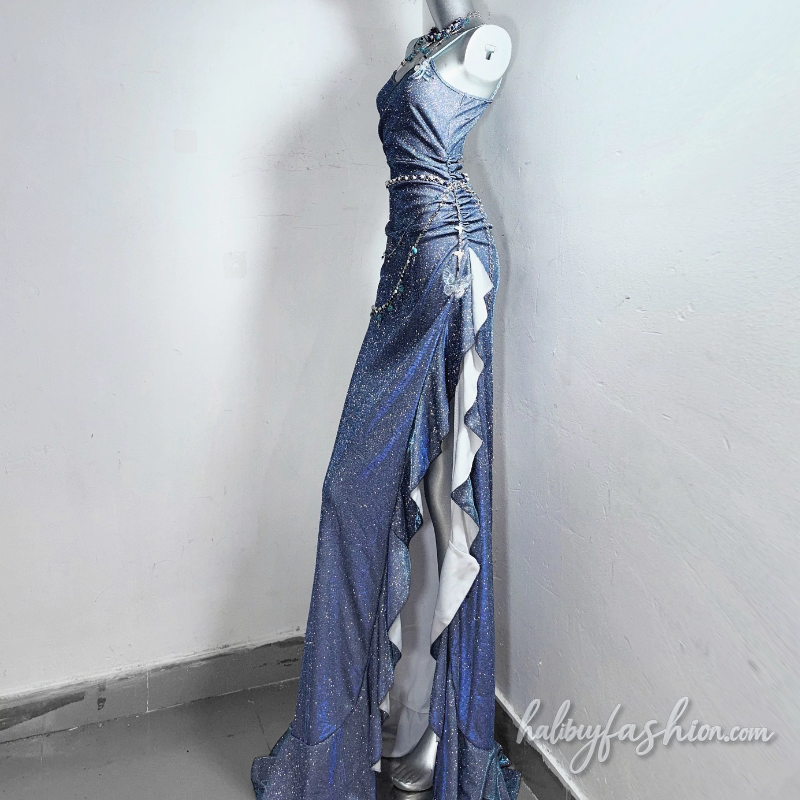 Slit ruffle v neck ruched cami maxi dress