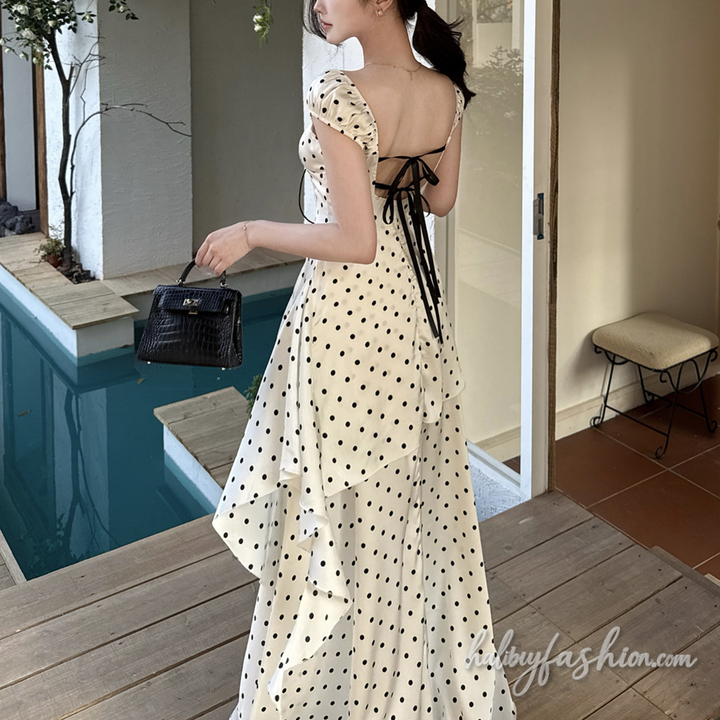 Polka dot self tie ruched zip-up backless maxi dress - Halibuy - 3
