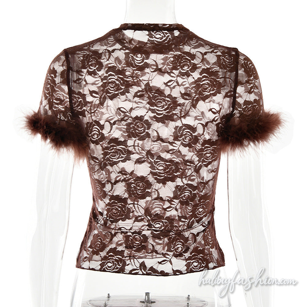Crewneck short sleeve fluffy lace see through top - Halibuy - 4
