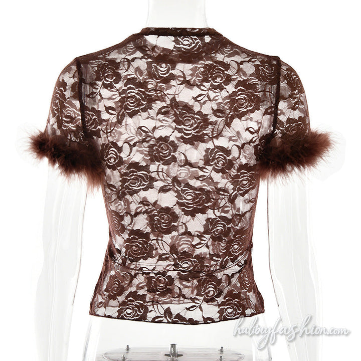 Crewneck short sleeve fluffy lace see through top - Halibuy - 4