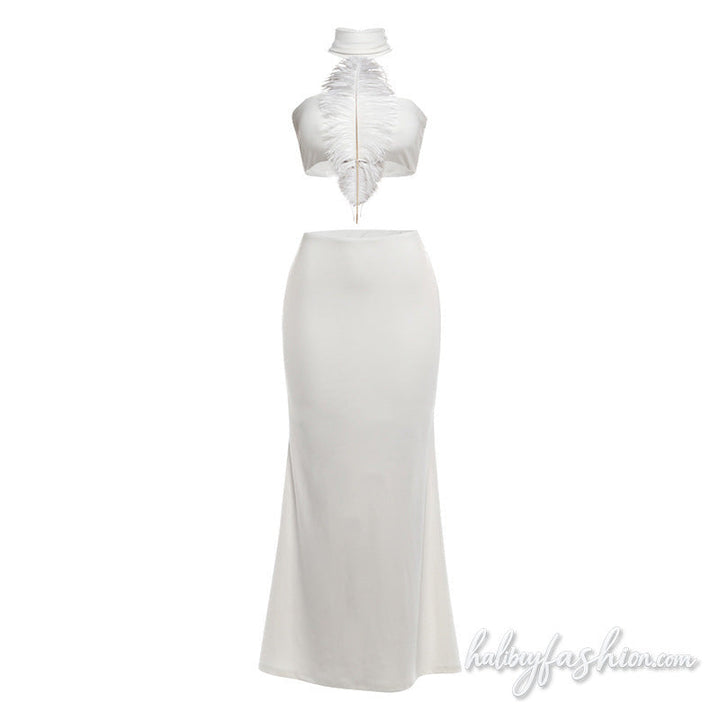 Halter self tie feather backless maxi skirt set