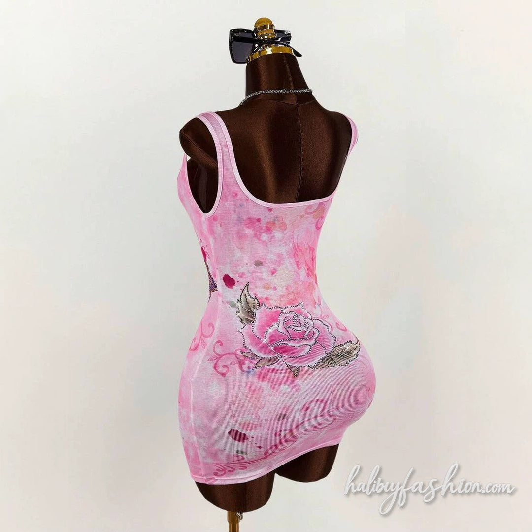 Square neck flower flower ribbed tank mini dress