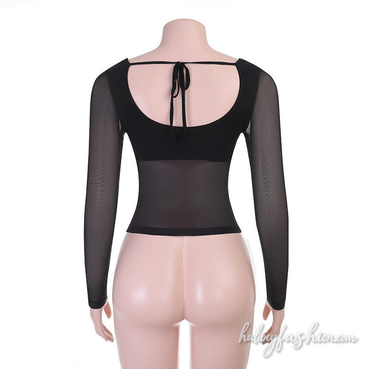 Long sleeve self tie v neck mesh backless top