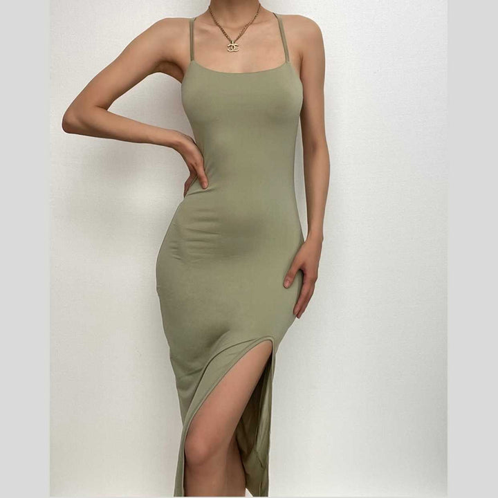 Cross back solid slit backless sleeveless midi dress-final-sale