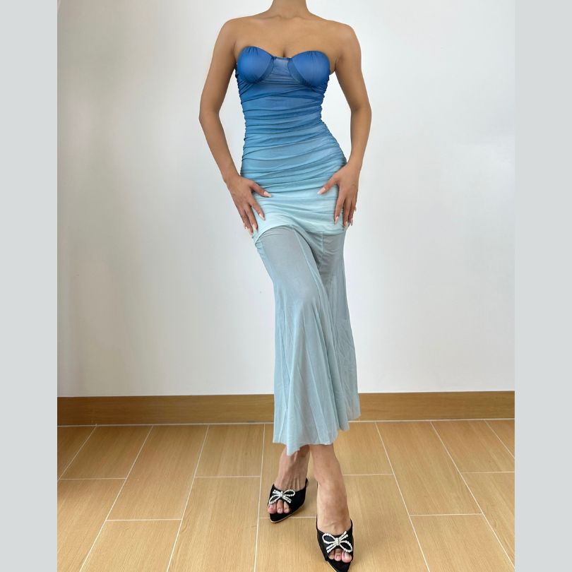 Gradient ruched mesh tube midi dress  | Festival Outfits Women