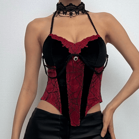 Contrast lace hem halter backless velvet corset top | victorian gothic dresses  | Festival Outfits Women