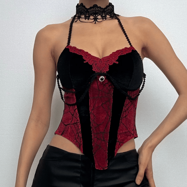 Contrast lace hem halter backless velvet corset top | victorian gothic dresses  | Festival Outfits Women