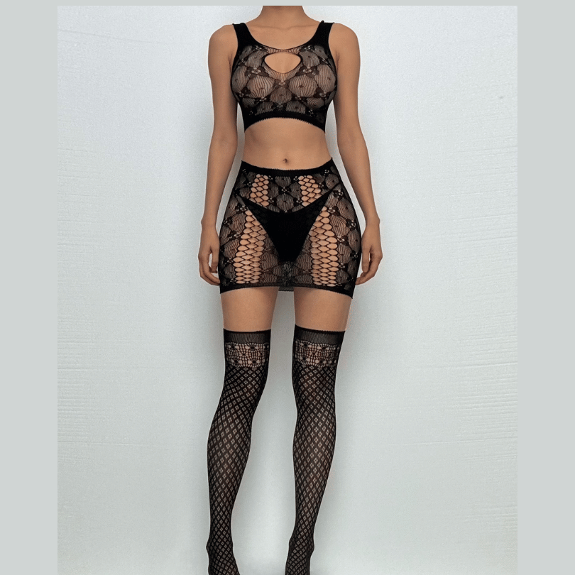 U neck fishnet hollow out tank mini skirt set  | Festival Outfits Women