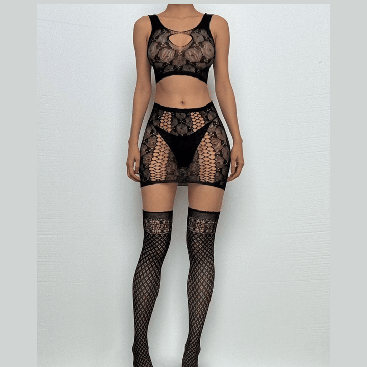 U neck fishnet hollow out tank mini skirt set  | Festival Outfits Women