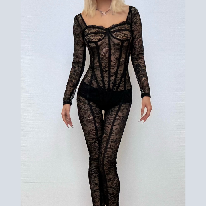 Long sleeve lace see through v neck zip-up jumpsuit  | Festival Outfits Women