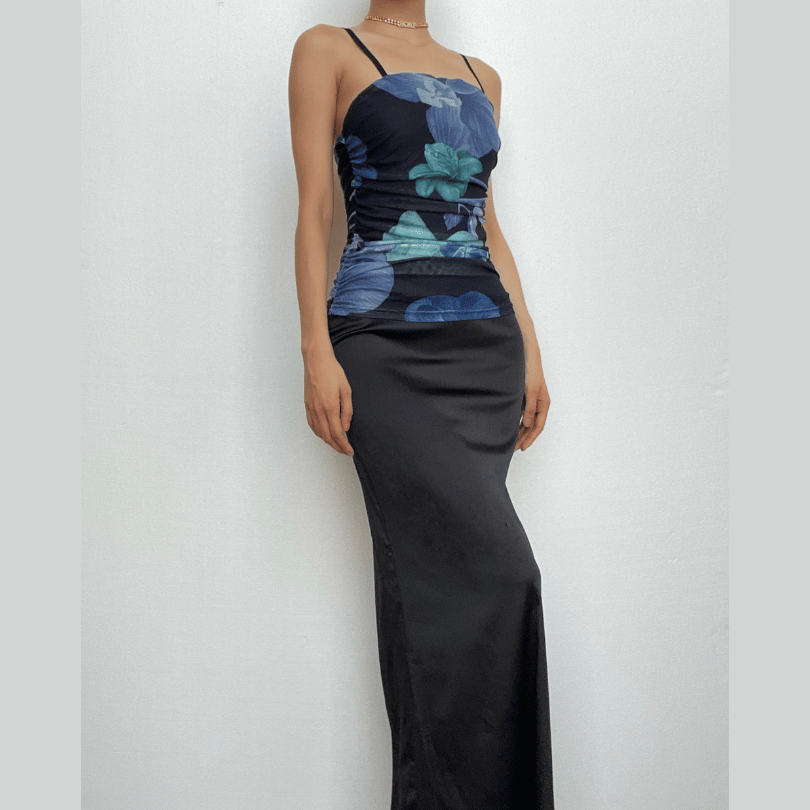 Ruched flower print zip-up square neck contrast slit maxi dress-final-sale  | Festival Outfits Women