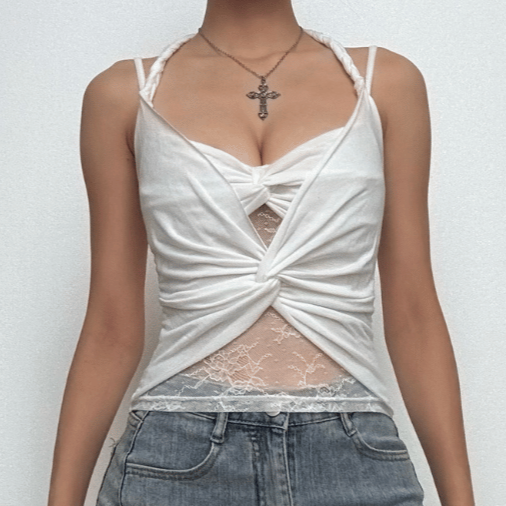 Halter ruched lace patchwork v neck cami top  | Festival Outfits Women
