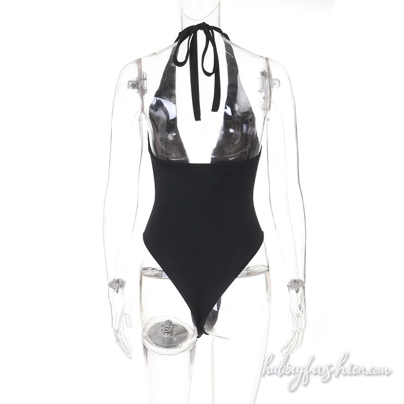 Halter self tie v neck backless solid bodysuit