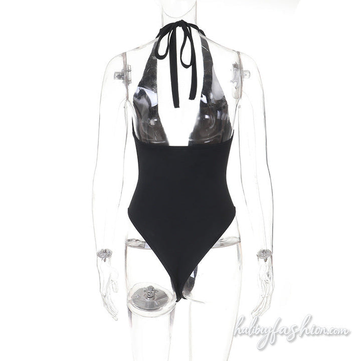Halter self tie v neck backless solid bodysuit
