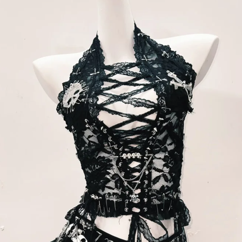 Hollow out lace up lace hem skull applique cut out top  | Festival Outfits Women
