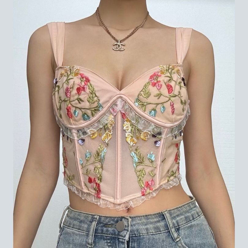 Flower embroidery bustier mesh cami top  | Festival Outfits Women